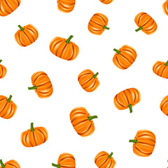 Seamless pattern of orange pumpkins with green stem on white background