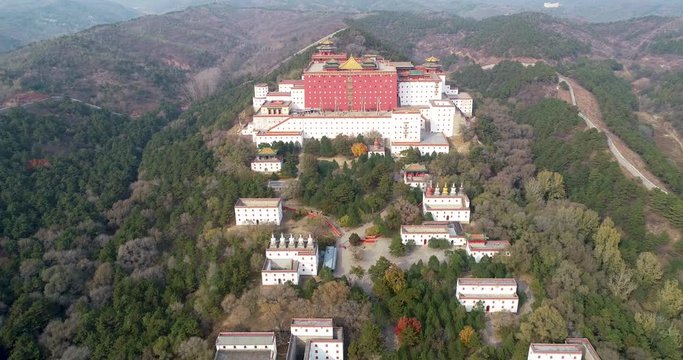 Aerial view of The Putuo Zongcheng Buddhist Temple, one of the Eight Outer Temples of Chengde, built between 1767 and 1771 and modeled after the Potala Palace of Tibet. Chengde Mountain Resort. China