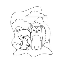 cute piggy with porcupine animals in landscape