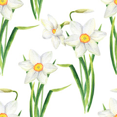 Fototapeta premium Watercolor narcissus flower seamless pattern. Hand drawn daffodil bouquet illustration isolated on white background. Floral design for textile, wallpaper, wrapping, card, scrapbook, invitation