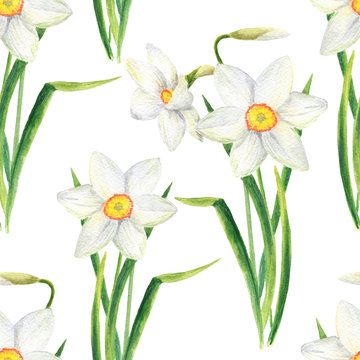 Watercolor narcissus flower seamless pattern. Hand drawn daffodil bouquet illustration isolated on white background. Floral design for textile, wallpaper, wrapping, card, scrapbook, invitation