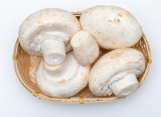 Basket of mushrooms (champignon, cut feet, Agaricus Bisporus) raw (uncooked). Isolated on white background.