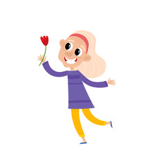 Vector cartoon illustration of grandmother with flower isolated on white.