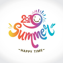 Vector logo Summer 2019. Bright rays of the colorful sun, an inscription by handand smiley in the bright sun. Stylish seasonal pattern.