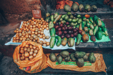 fruits and vegetables at the market on tropical island