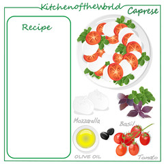 Vector illustration of menu delicious caprese salad with ripe tomatoes and mozzarella cheese with fresh basil leaves. Italian food isolated on white background.