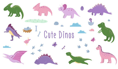Vector set of cute dinosaurs with clouds, eggs, bones, birds for children. Dino flat cartoon characters. Cute prehistoric reptiles illustration..