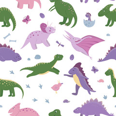 Vector seamless pattern with cute dinosaurs with clouds, eggs, bones, birds for children. Dino flat cartoon characters background. Cute prehistoric reptiles illustration..