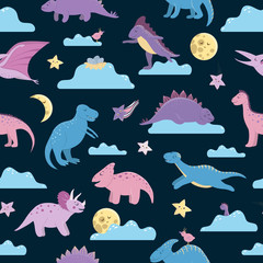 Vector seamless pattern with cute dinosaurs on night sky with clouds, moon, stars, birds for children. Dino flat cartoon characters background. Cute prehistoric reptiles illustration..