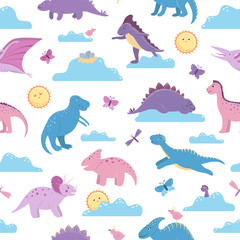 Vector seamless pattern with cute dinosaurs on day sky with clouds, sun, butterflies, birds for children. Dino flat cartoon characters background. Cute prehistoric reptiles illustration..