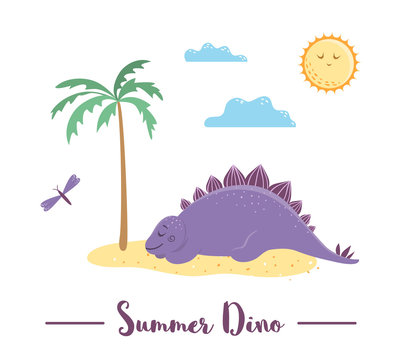 Illustration with dino sunbathing or sleeping under the palm tree. Summer scene with cute dinosaur. Funny prehistoric reptiles print for children.