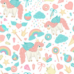 Vector seamless pattern with cute watercolor style unicorns, rainbow, clouds, donuts, crown, crystals, hearts. Sweet girlish illustration. Fairytale repeat background