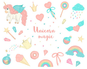 Vector set of cute watercolor style unicorns, rainbow, clouds, donuts, crown, crystals, hearts. Sweet girlish illustration. Fairytale repeat background