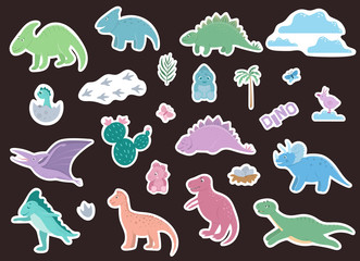 Vector set of cute dinosaurs stickers with clouds, eggs, birds, footprints, cactus, palm tree for children. Dino flat cartoon characters concept. Cute prehistoric reptiles illustration..