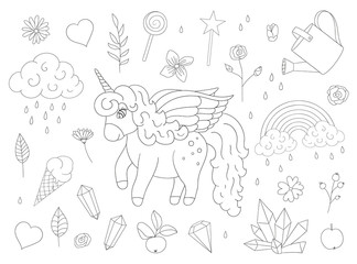 Vector set of cute unicorns, rainbow, clouds, crystals, hearts, flowers outlines. Sweet girlish illustration. Line drawing of fairytale magic garden.