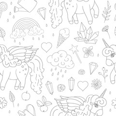 Vector seamless pattern of cute unicorns, rainbow, clouds, crystals, hearts, flowers outlines. Sweet girlish illustration. Line drawing of fairytale magic garden