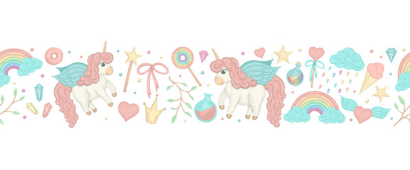 Vector seamless border brush with cute watercolor style unicorns, rainbow, clouds, donuts, crown, crystals, hearts. Sweet girlish illustration. Fairytale repeat background