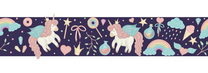 Vector seamless border brush with cute watercolor style unicorns, rainbow, clouds, donuts, crown, crystals, hearts on dark purple background. Sweet girlish illustration. Fairytale repeat background