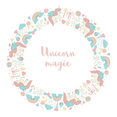 Vector round wreath with unicorn, rainbow, crown, star, cloud, crystals. Card template for children event. Girlish cute invitation or banner design..