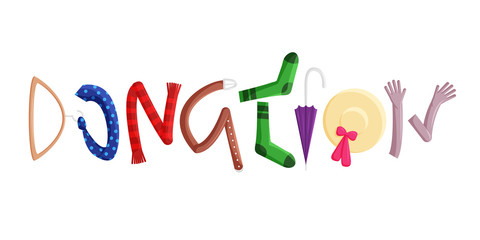 Vector Illustration of Donation Clothes in Flat Style. Word Concept. Word Donation Consists of Colorful Letters in the Form of Different Items of Clothing. Lettering of Accessories