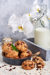 Cookies with oat flakes and chocolate drops. Delicious sweet dessert.