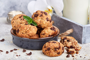 Cookies with oat flakes and chocolate drops. Delicious sweet dessert.