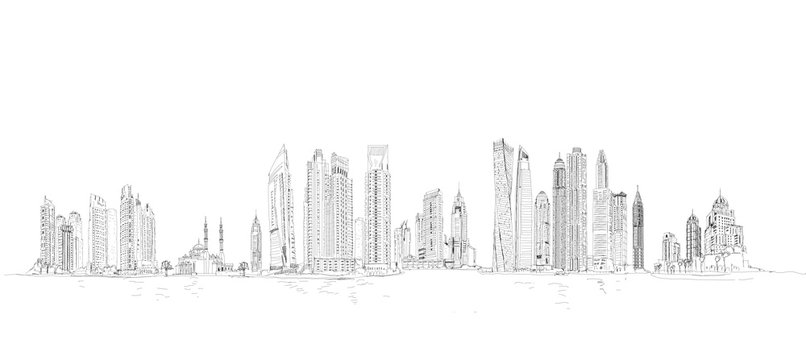 illustration of Dubai Marina view with skyscrapers. Detailed sketch, panoramic view