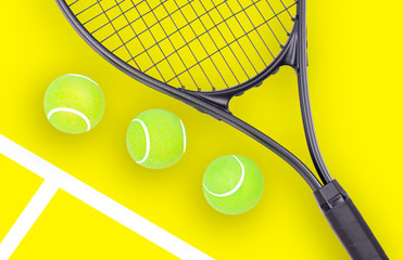 Tennis racket and ball sports on yellow background
