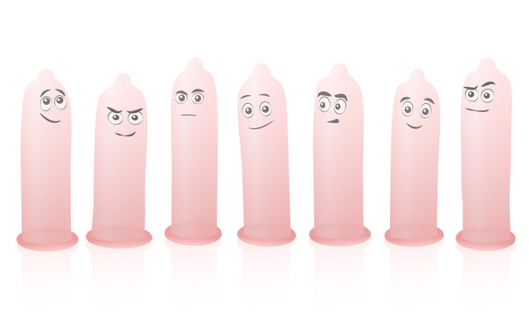 Happy comic condoms with faces, unrolled set of funny characters. Isolated vector illustration on white background.