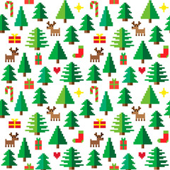 Christmas pixel winter wonderland icon seamless pattern