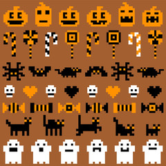 Pixel retro 8bit Halloween elements ghost, pumpkin, black cat, bat, candy game vector icon set seamless pattern - 274489138