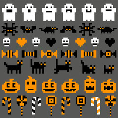 Pixel retro 8bit Halloween elements ghost, pumpkin, black cat, bat, candy game vector icon set seamless pattern