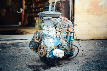 Close-up of the old engine, removed from the car.