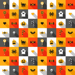Pixel retro 8bit Halloween elements ghost, pumpkin, black cat, bat, candy game vector icon set seamless pattern - 274489167