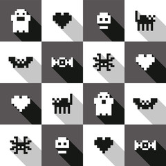 Pixel retro 8bit Halloween elements ghost, pumpkin, black cat, bat, candy game vector icon set seamless pattern - 274489172
