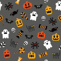 Pixel retro 8bit Halloween elements ghost, pumpkin, black cat, bat, candy game vector icon set seamless pattern - 274489195