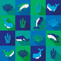 Seamless colorful pixel whale pattern - 274489308