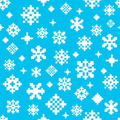 Pixel blue white winter snowflake seamless vector pattern