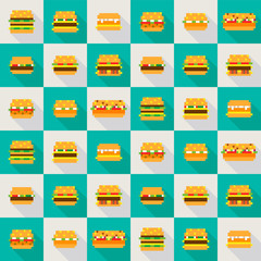 Pixel hamburger game set icon menu seamless pattern