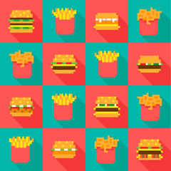 Pixel hamburger and fries game icon duo seamless pattern