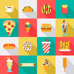Pixel delicious fast food diner game icon set menu seamless pattern