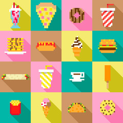 Pixel delicious fast food diner game icon set menu seamless pattern