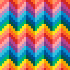 Seamless abstract geometric pixel rainbow zigzag vector pattern - 274489549