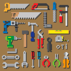 set of retro 8bit pixel icon tools hanging on tool board - 274489574