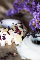 Raw vegan desserts. Donuts close up