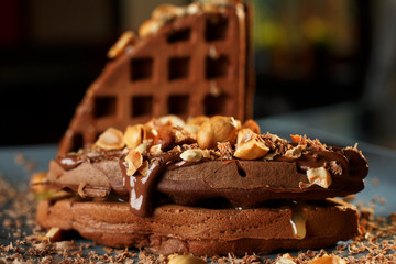 freshly baked waffles with chocolate and nuts