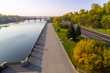 The pedestrian promenade along river Dnipro. Dnipro city. Ukraine.