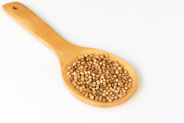 Una cuchara de madera con cilantro en grano