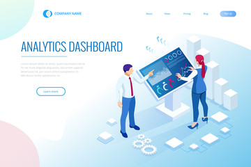 Isometric digital monitor with infographics. Female standing at the big display. Concept of business assistance. Interactive Information Kiosk, Advertising Display, Terminal Stand