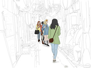Hand drawn illustration. Young women tourists explore the scenic "Memory Lane," also called "Piss Alley" area, in Shinjuku, known for narrow streets, historic architecture, and tiny bars.